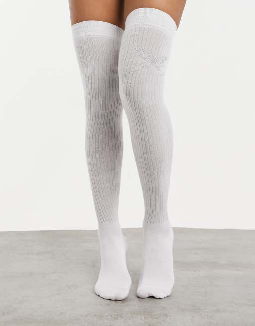 ASOS DESIGN over the knee socks with butterfly hotfix in white, 2 of 4