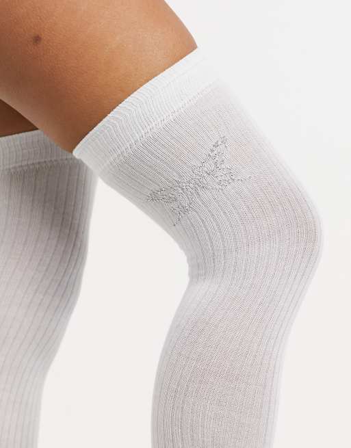 ASOS DESIGN over the knee socks with butterfly hotfix in white, 3 of 4