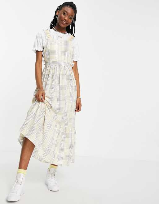 ASOS DESIGN overall midi sundress with shirred straps in yellow check print