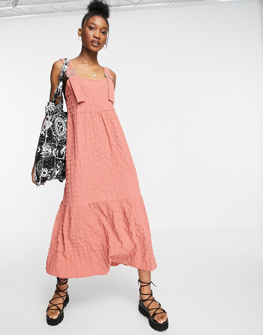 ASOS DESIGN overalls midi sundress in bubble texture in pink