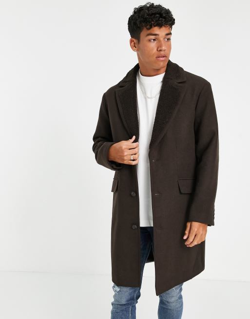 ASOS DESIGN overcoat with borg collar in brown | ASOS