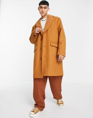 ASOS DESIGN overcoat with borg collar in tan