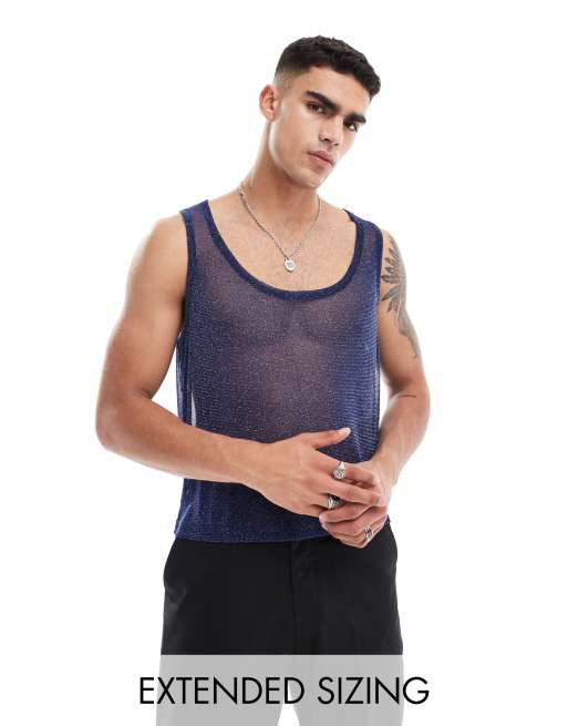 ASOS DESIGN - Overdel med dyb og rund hals i marineblåt glimmer-mesh 