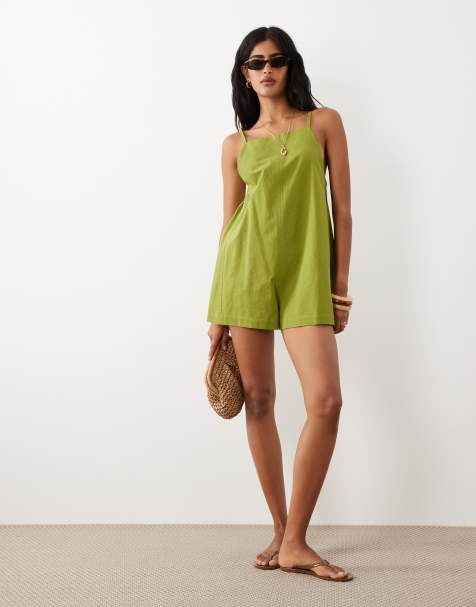 ASOS DESIGN - Overgooier-playsuit van katoen en linnen in olijfgroen - view 1