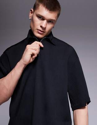 Asos Design Overhead Boxy Plisse Regular Shirt In Black