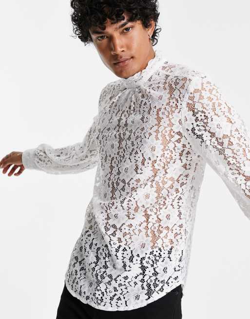 ASOS DESIGN overhead lace shirt with high neck in white