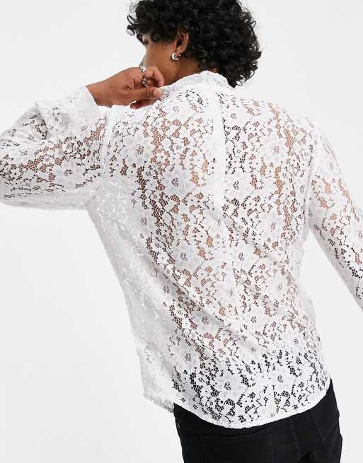 High neck lace hot sale blouse white