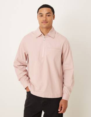 Asos Design Overhead Poplin Zip Shirt In Pink
