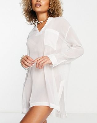 ASOS DESIGN overhead sheer beach shirt with pocket in white