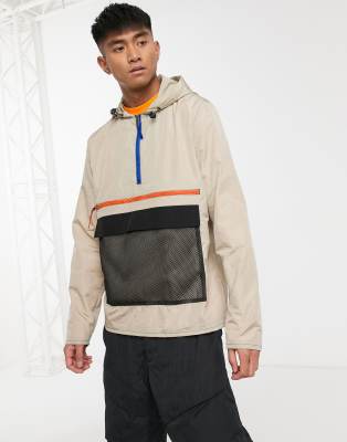 ASOS DESIGN overhead windbreaker with mesh pocket detail in stone-Beige