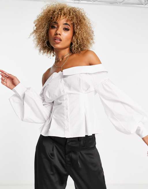 ASOS DESIGN - Overhemd met blote schouders en pofmouwen in ivoorwit
