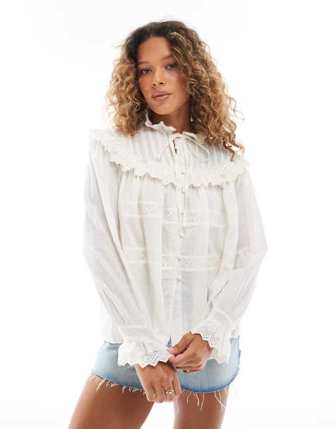 ASOS DESIGN - Overhemd met broderie, ruches en kanten inzetstukken in crème - view 1