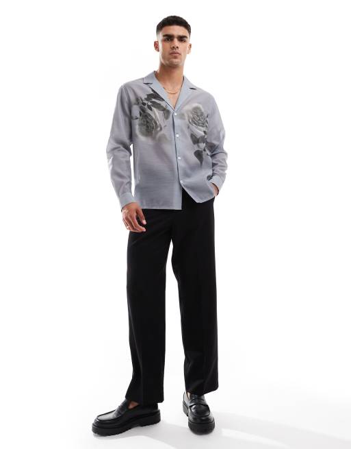 ASOS DESIGN - Overhemd met diepe reverskraag en prints van bloemen in grijs, 3 van 4