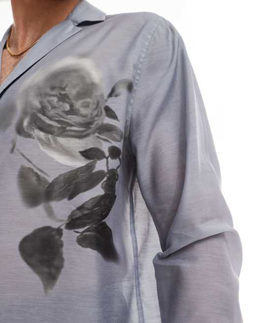 ASOS DESIGN - Overhemd met diepe reverskraag en prints van bloemen in grijs, 4 van 4