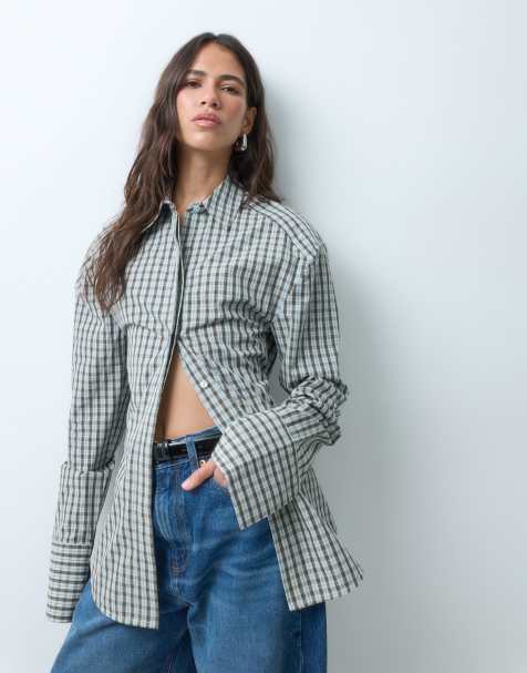 ASOS DESIGN overhemd met getailleerde taille in blauw geruit - view 1