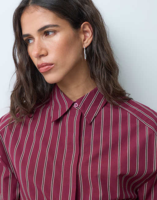 ASOS DESIGN overhemd met getailleerde taille in bordeauxrode streep, 3 van 7