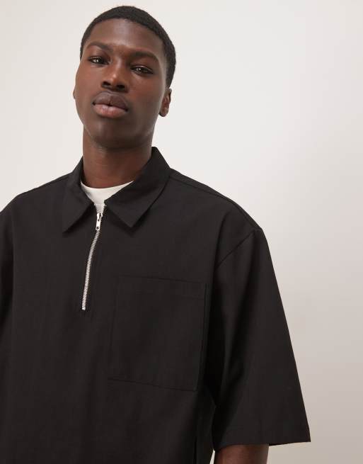 ASOS DESIGN - Overhemd met halflange mouwen en korte rits in zwart, deel van co-ord set, 2 van 4