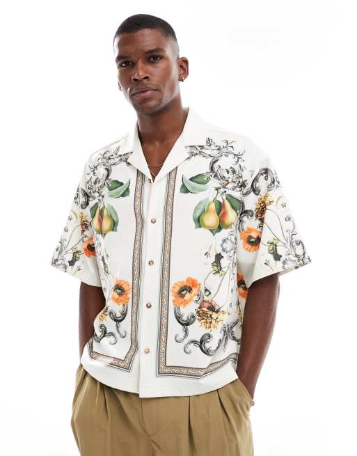ASOS DESIGN - Overhemd met halflange mouwen en randen met bloemenprint in beige