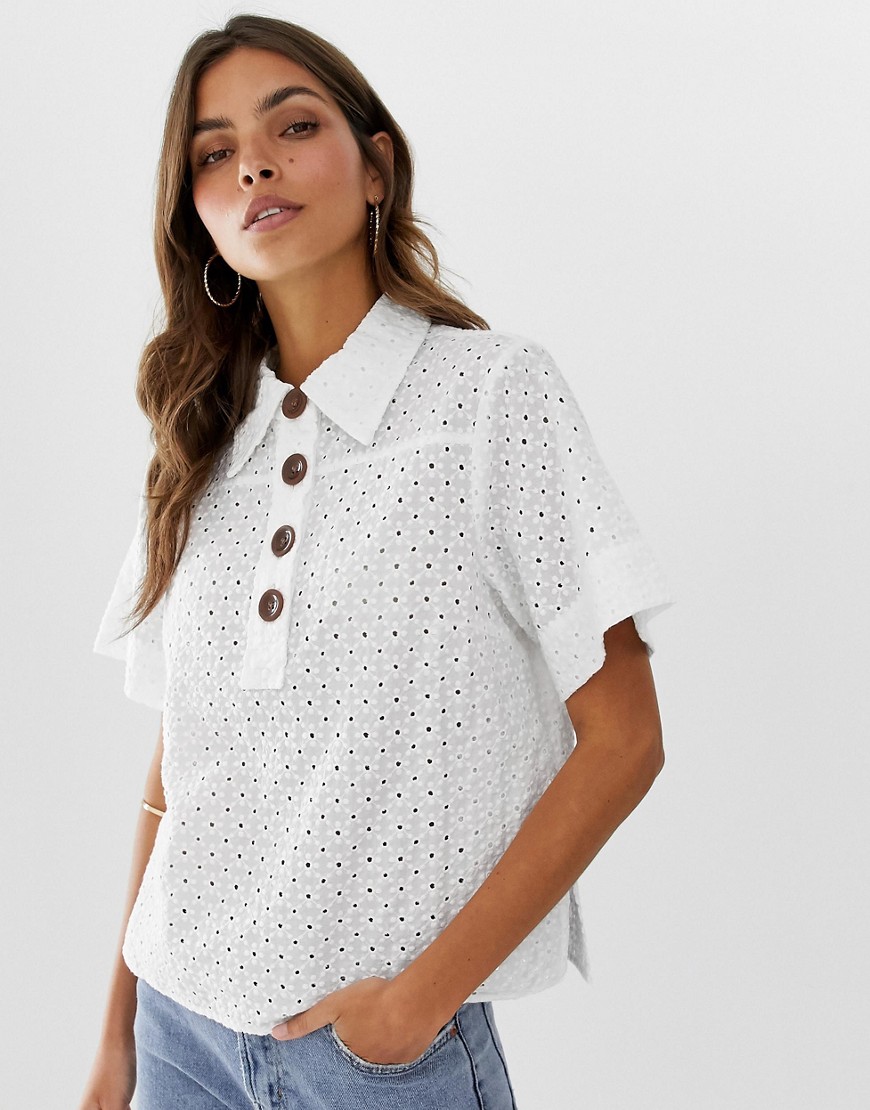 ASOS DESIGN - Overhemd met korte mouwen, broderie en knopen-Wit