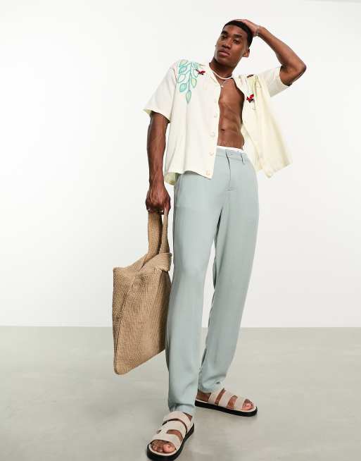 ASOS DESIGN - Overhemd met korte mouwen, reverskraag en borduursels in gebroken wit