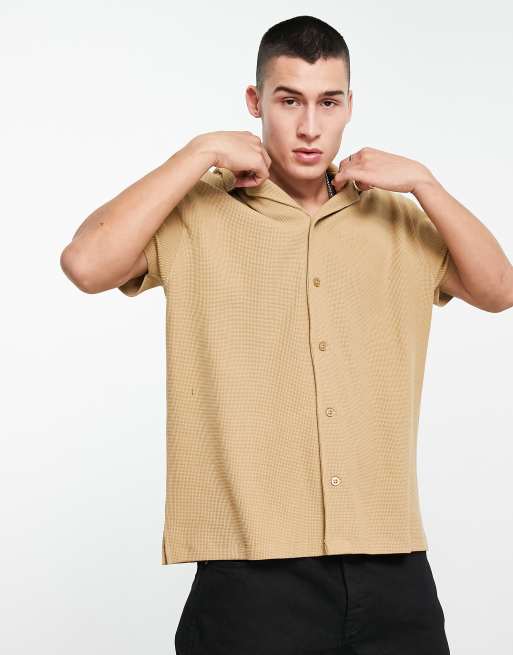 ASOS DESIGN - Overhemd met korte mouwen, wafelstructuur en reverskraag in bruin