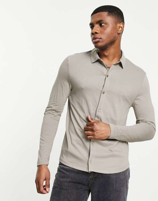 ASOS DESIGN - Overhemd met lange mouwen en knoopsluiting van katoenmix in beige - BEIGE