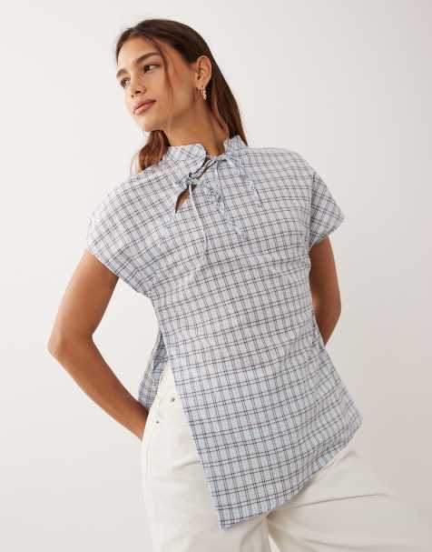 ASOS DESIGN overhemd met mandarijnkraag in bruin en blauw geruit - view 1
