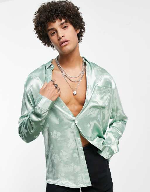 ASOS DESIGN - Overhemd met normale pasvorm in groen gebloemd jacquard