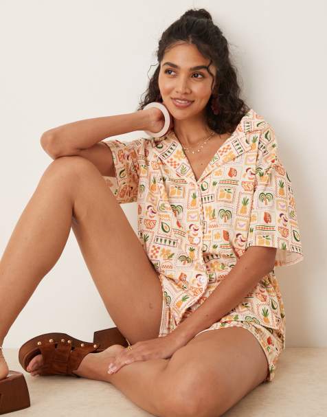 ASOS DESIGN - Overhemd met omslagkraag met vakantiepalmboomprint, deel van co-ord set - view 1