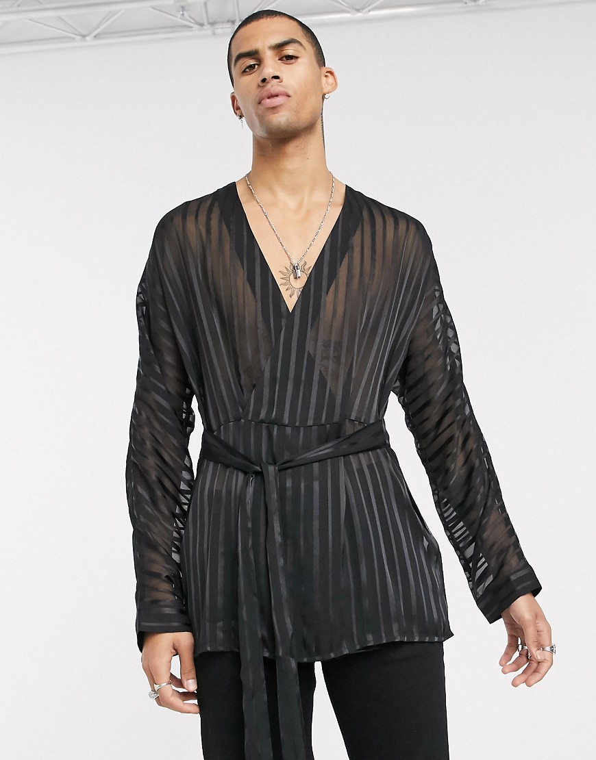 ASOS DESIGN - Overhemd met overslag, burn-out en strepen in zwart