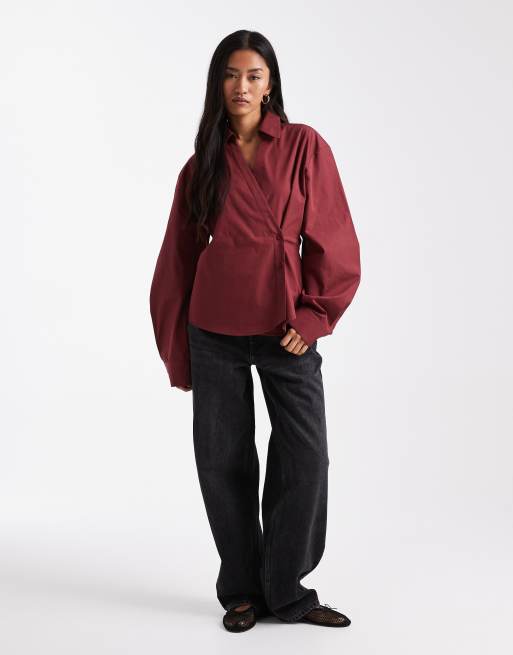 ASOS DESIGN - Overhemd met overslag en cocoonmouwen in bordeauxrood, 3 van 4