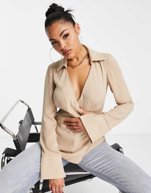ASOS DESIGN - Overhemd met overslag in natuurlijk stone
