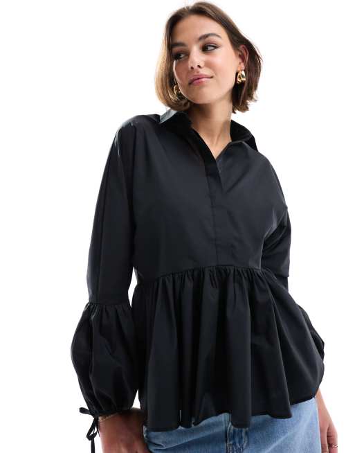 ASOS DESIGN - Overhemd met peplum en verlaagde taille in zwart