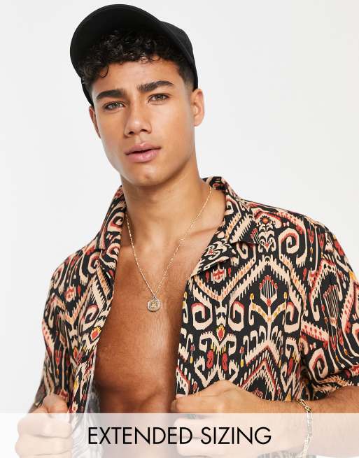 ASOS DESIGN - Overhemd met reverskraag en aztekenprint in zwart en oranje