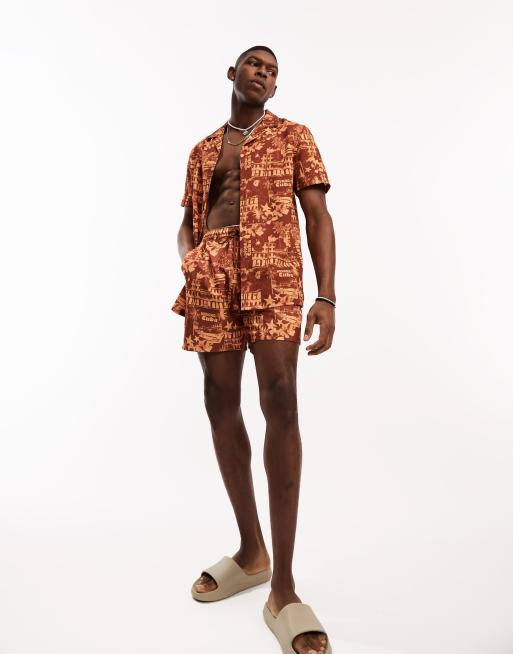 ASOS DESIGN - Overhemd met reverskraag en print in bruin, deel van co-ord set