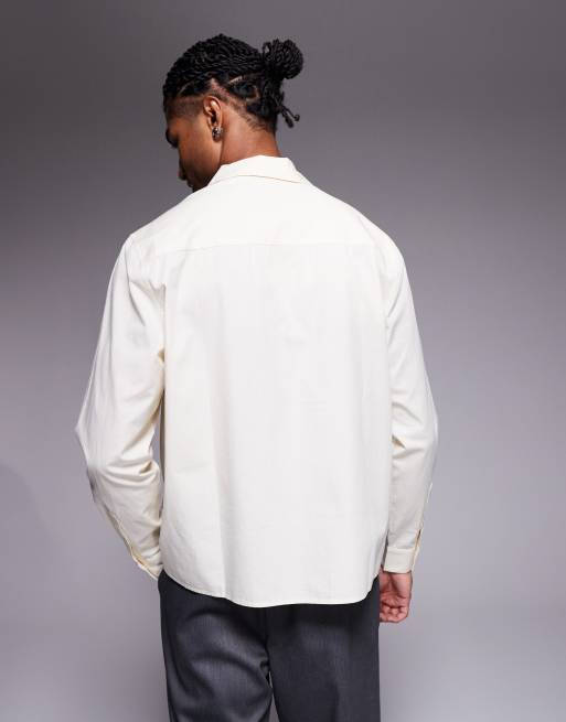 ASOS DESIGN - Overhemd met reverskraag, rechte pasvorm en borduursels in beige, 3 van 4