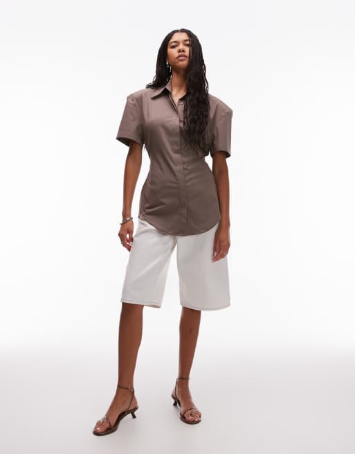 ASOS DESIGN - Overhemd met schoudervullingen en korte mouwen in krijtstreep, 3 van 4