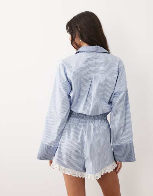 ASOS DESIGN - Overhemd-playsuit met kanten rand en gemengde blauwe strepen, 3 van 4