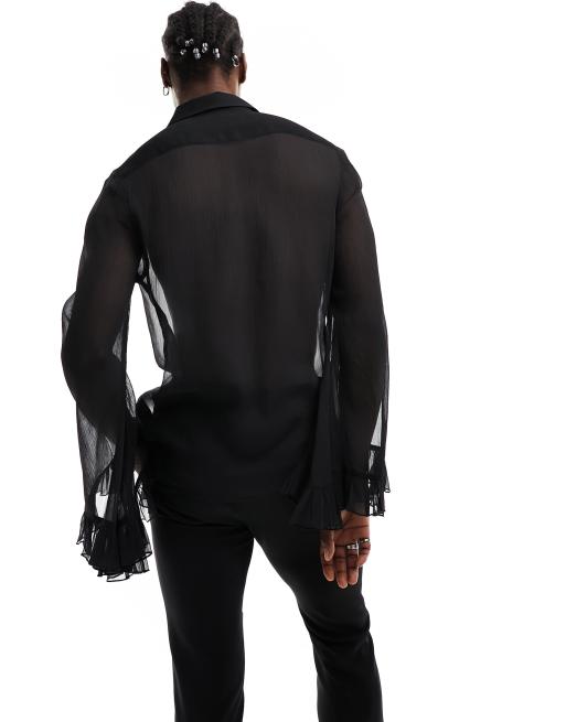 ASOS DESIGN - Overhemd van chiffon met ruches aan de mouwen in zwart, 3 van 4