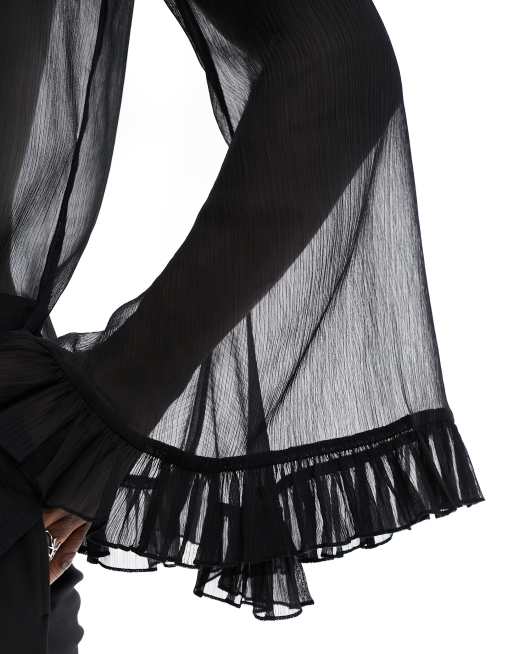 ASOS DESIGN - Overhemd van chiffon met ruches aan de mouwen in zwart, 4 van 4