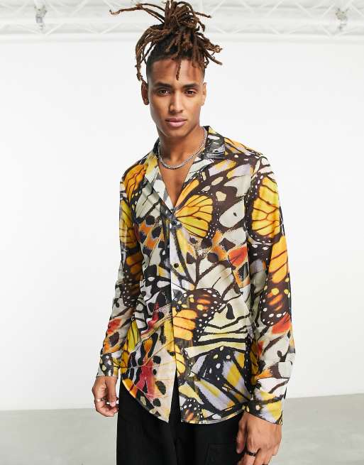 ASOS DESIGN - Overhemd van doorschijnend mesh met brede reverskraag en vlinderprint