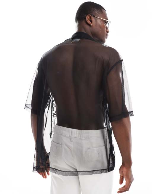 ASOS DESIGN - Overhemd van doorschijnend mesh met drakenborduursel in zwart, 2 van 4