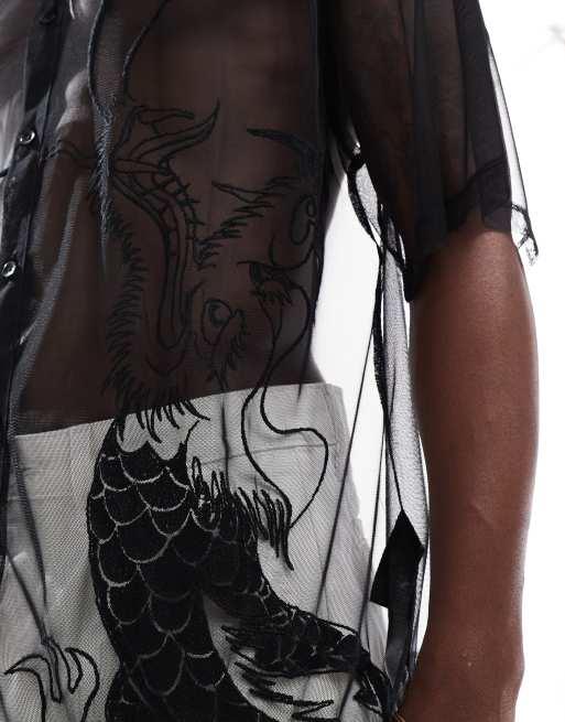 ASOS DESIGN - Overhemd van doorschijnend mesh met drakenborduursel in zwart, 4 van 4
