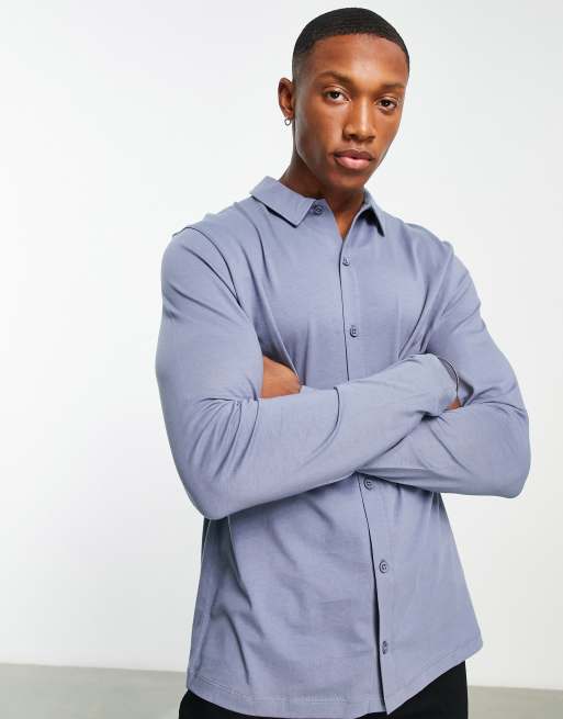 ASOS DESIGN - Overhemd van jersey met lange mouwen en knoopsluiting in blauw