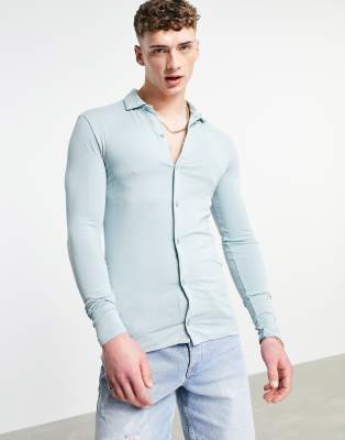 ASOS DESIGN - Overhemd van jersey met lange mouwen en knoopsluiting in lichtgrijs - GREY
