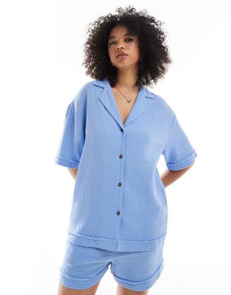 ASOS DESIGN - Overhemd van kaasdoek in blauw, deel van co-ord set - view 1