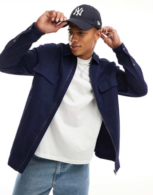 ASOS DESIGN - Overhemd van keperstof met ritssluiting in marineblauw