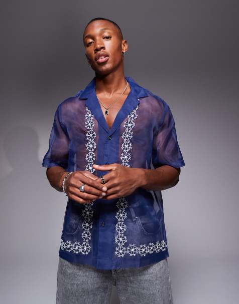 ASOS DESIGN - Overhemd van organza met normale pasvorm, reverskraag en geborduurde randen in blauw - view 1