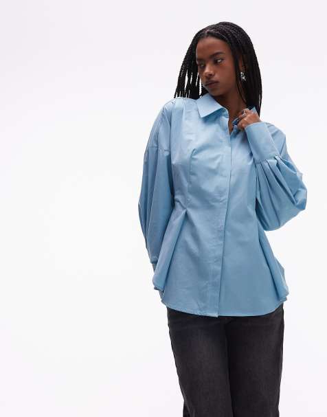 ASOS DESIGN - Overhemd van popeline met aangerimpelde rug en gespdetail in blauw - view 1