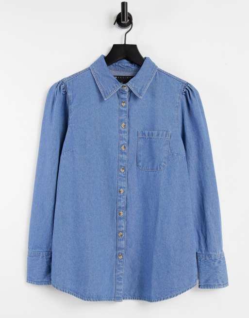 ASOS DESIGN - Overhemd van zacht denim met pofmouwen in medium wassing